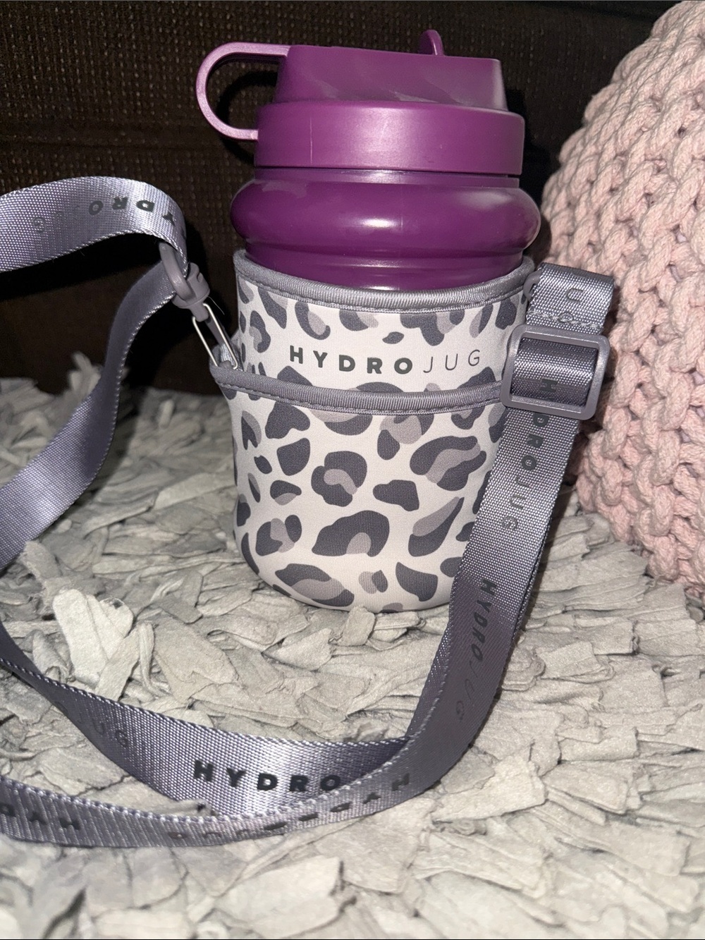 HydroJug Purple  Bottle with Gray Leopard Sleeve and Gray Strap